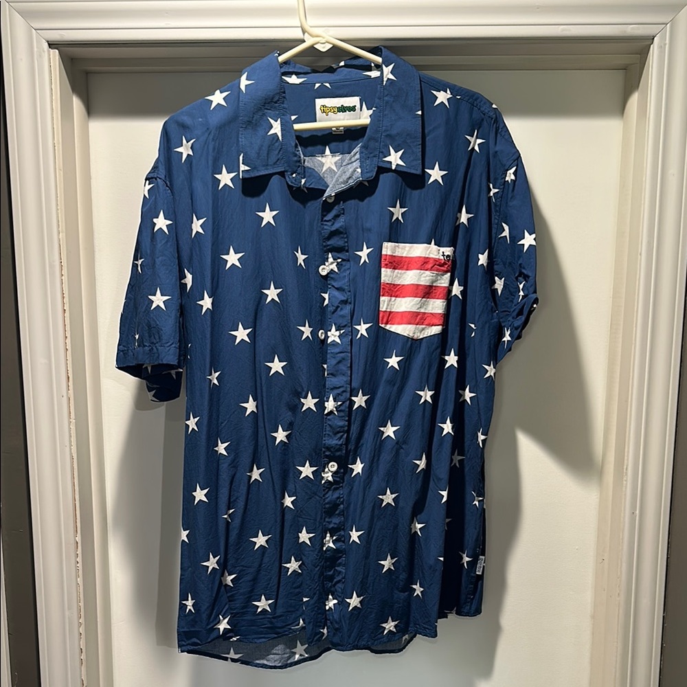Tipsy Elves Blue Star Shirt with Red Striped Pocket